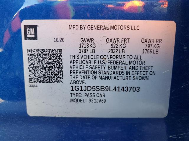 1G1JD5SB9L4143703 - 2020 CHEVROLET SONIC LT BLUE photo 12