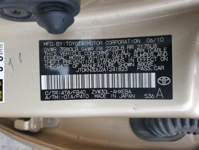 JTDKN3DU2A1241823 - 2010 TOYOTA PRIUS ოქროსფერი ფოტო 12