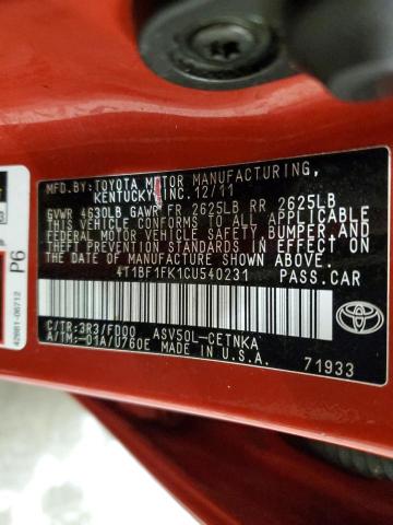 4T1BF1FK1CU540231 - 2012 TOYOTA CAMRY BASE RED photo 12