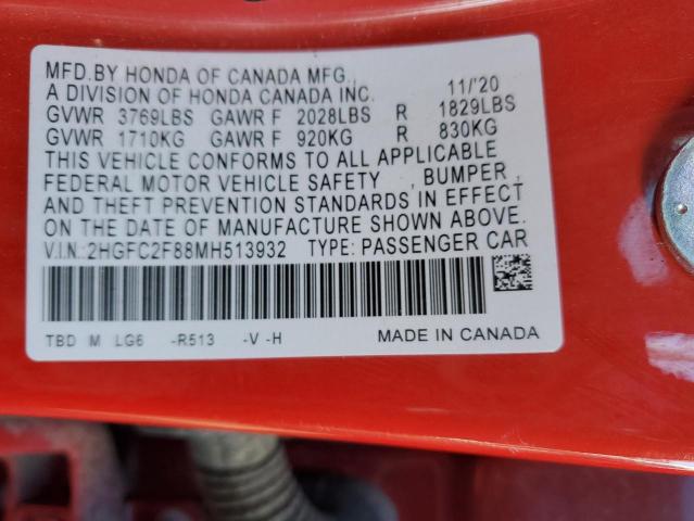 2HGFC2F88MH513932 - 2021 HONDA CIVIC SPORT 红色 照片 12