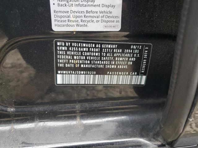 WVWGV7AJ3DW019239 - 2013 VOLKSWAGEN GTI BLACK photo 12