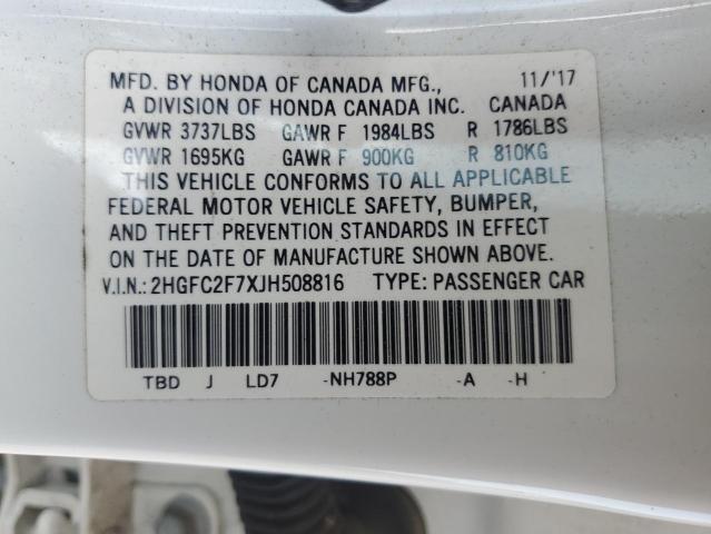 2HGFC2F7XJH508816 - 2018 HONDA CIVIC EX თეთრი ფოტო 12