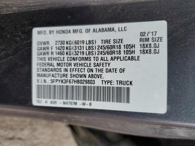 5FPYK3F67HB029803 - 2017 HONDA RIDGELINE RTL GRAY photo 12