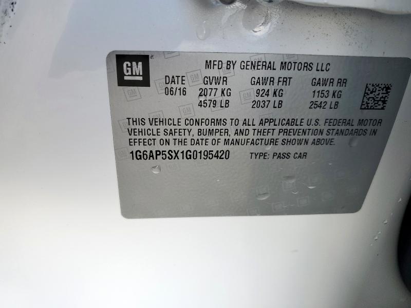 1G6AP5SX1G0195420 - 2016 CADILLAC CTS WHITE photo 12