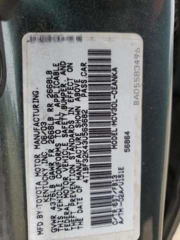 4T1BF32K43U563682 - 2003 TOYOTA CAMRY LE GREEN photo 12