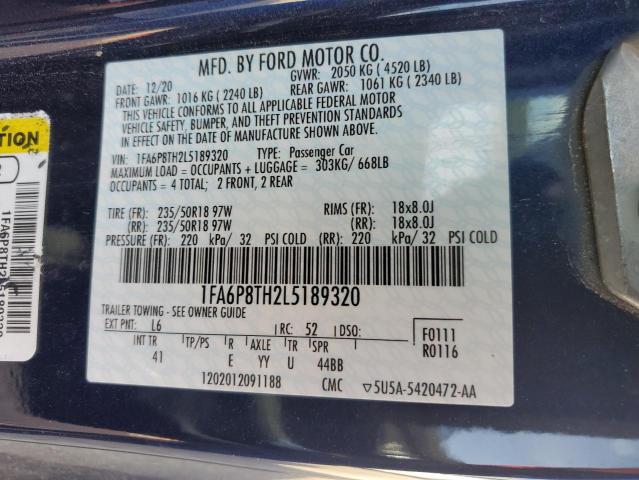 1FA6P8TH2L5189320 - 2020 FORD MUSTANG BLUE photo 13