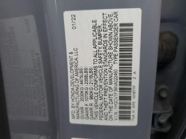 1HGCV1F39NA022460 - 2022 HONDA ACCORD SPORT 灰色 照片 12