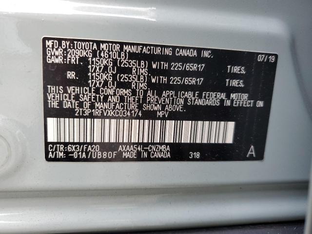 2T3P1RFVXKC034174 - 2019 TOYOTA RAV4 XLE GRAY photo 13