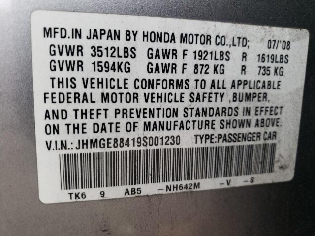 JHMGE88419S001230 - 2009 HONDA FIT SPORT SILVER photo 12