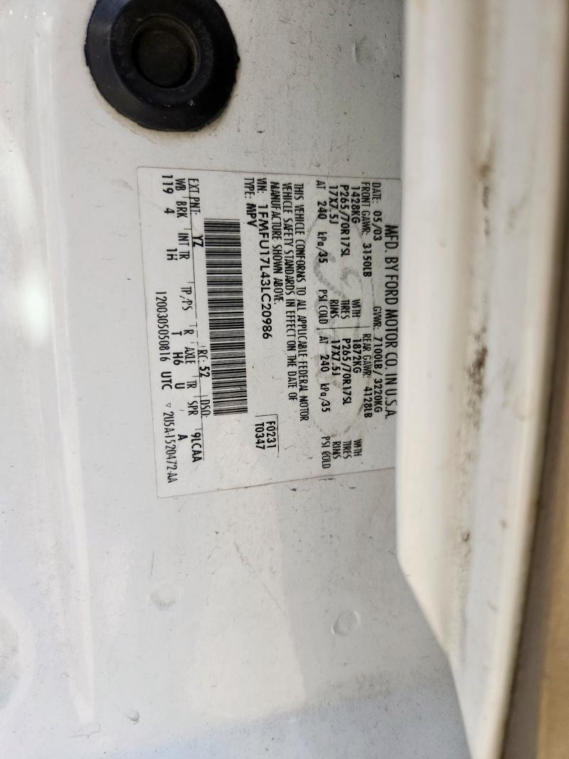 1FMFU17L43LC20986 - 2003 FORD EXPEDITION EDDIE BAUER 白色 照片 12