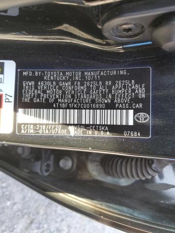 4T1BF1FK7CU016890 - 2012 TOYOTA CAMRY BASE BLACK photo 12