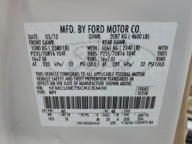 1FMCU9E75CKC53430 - 2012 FORD ESCAPE LIMITED WHITE photo 13