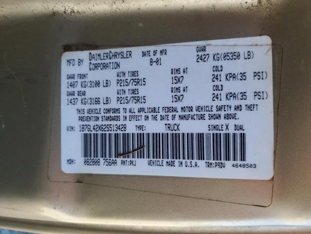 1B7GL42X62S513428 - 2002 DODGE DAKOTA SLT GOLD photo 12