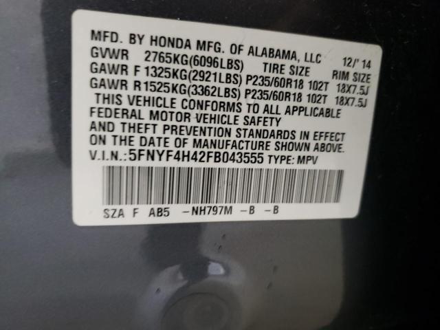 5FNYF4H42FB043555 - 2015 HONDA PILOT EX GRAY photo 13