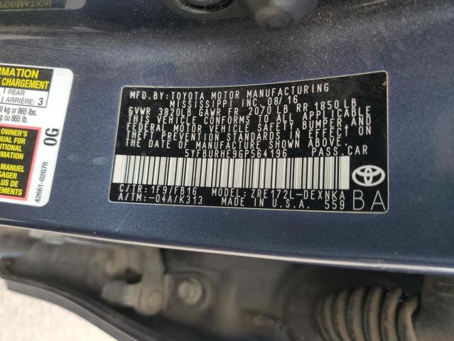 5YFBURHE9GP564196 - 2016 TOYOTA COROLLA L CHARCOAL photo 13