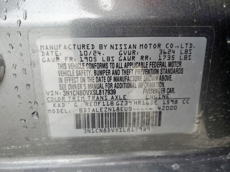 3N1CN8DVXSL817939 - 2025 NISSAN VERSA S GRAY photo 12