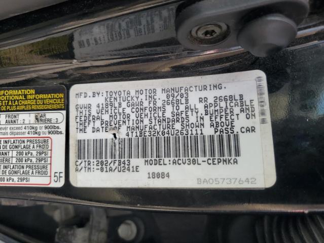 4T1BE32K04U263111 - 2004 TOYOTA CAMRY LE 黑色 照片 12