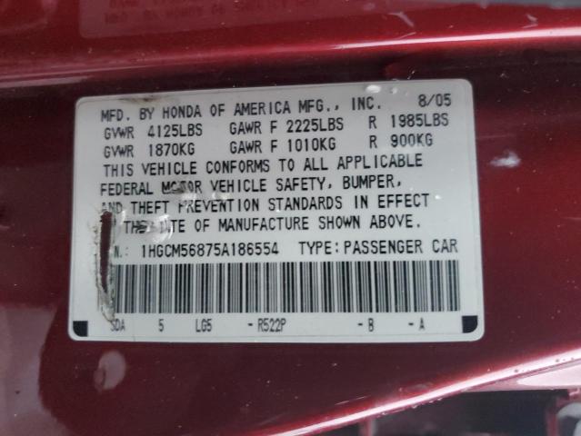 1HGCM56875A186554 - 2005 HONDA ACCORD EX RED photo 12