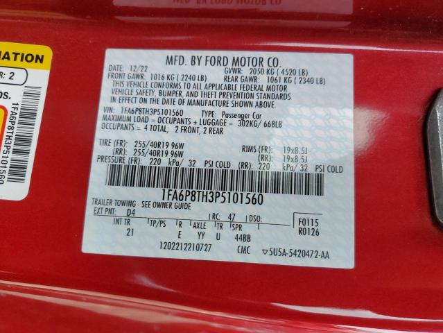 1FA6P8TH3P5101560 - 2023 FORD MUSTANG RED photo 12