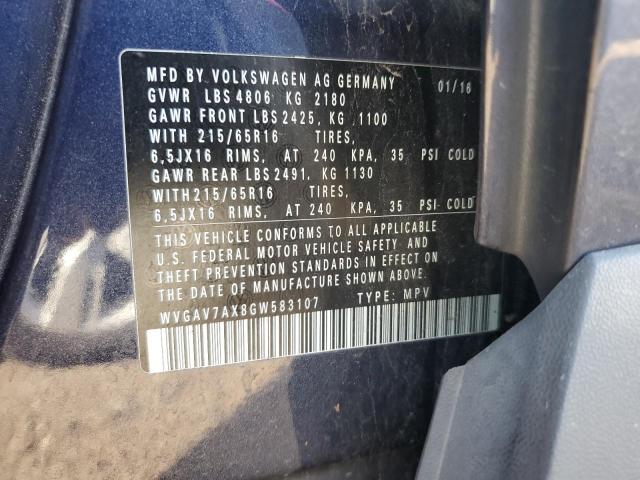 WVGAV7AX8GW583107 - 2016 VOLKSWAGEN TIGUAN S Niebieski zdjęcie 12