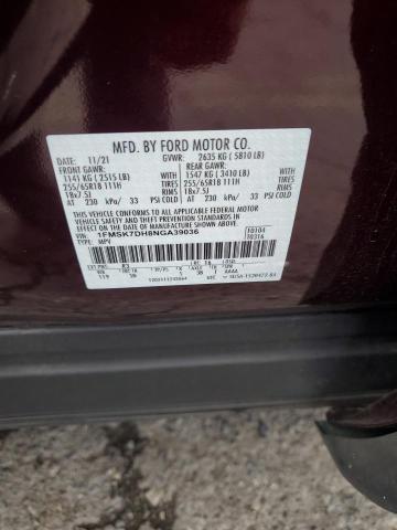 1FMSK7DH8NGA39036 - 2022 FORD EXPLORER XLT ბურგუნდია ფოტო 14