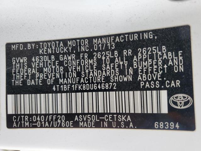 4T1BF1FK8DU646872 - 2013 TOYOTA CAMRY L WHITE photo 13