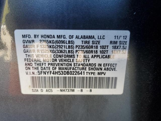 5FNYF4H53DB022641 - 2013 HONDA PILOT EXL ნაცრისფერი ფოტო 14