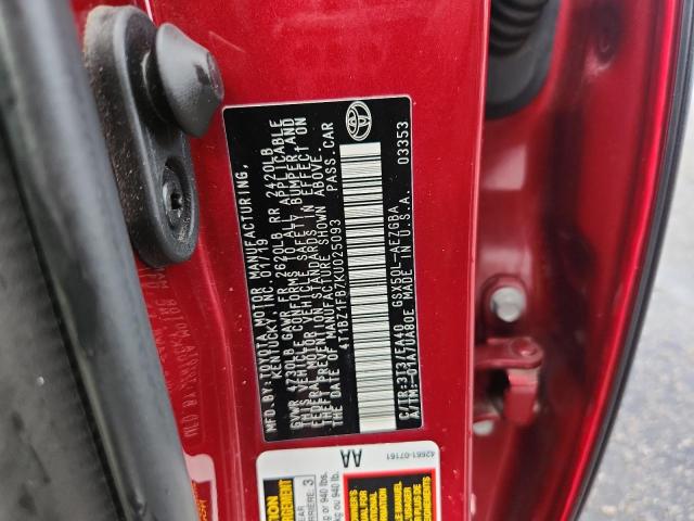 4T1BZ1FB7KU025093 - 2019 TOYOTA AVALON XLE 红色 照片 12