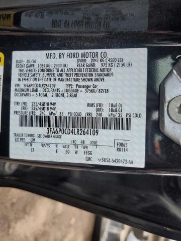 3FA6P0CD4LR264109 - 2020 FORD FUSION SEL BLACK photo 12