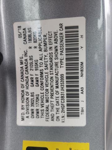 2HGFC3B31JH353999 - 2018 HONDA CIVIC EX SILVER photo 12