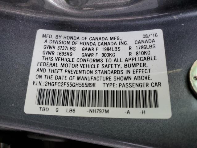 2HGFC2F55GH565898 - 2016 HONDA CIVIC LX GRAY photo 12