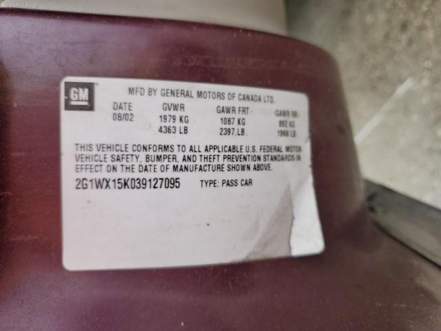 2G1WX15K039127095 - 2003 CHEVROLET MONTE CARL SS MAROON photo 12