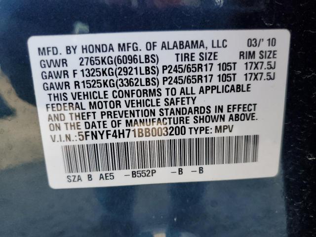 5FNYF4H71BB003200 - 2011 HONDA PILOT EXLN BLUE photo 12