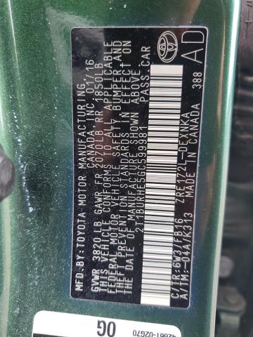 2T1BURHE5GC599981 - 2016 TOYOTA COROLLA L GREEN photo 12