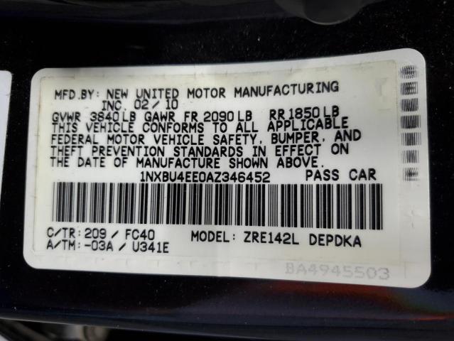 1NXBU4EE0AZ346452 - 2010 TOYOTA COROLLA BASE შავი ფოტო 12