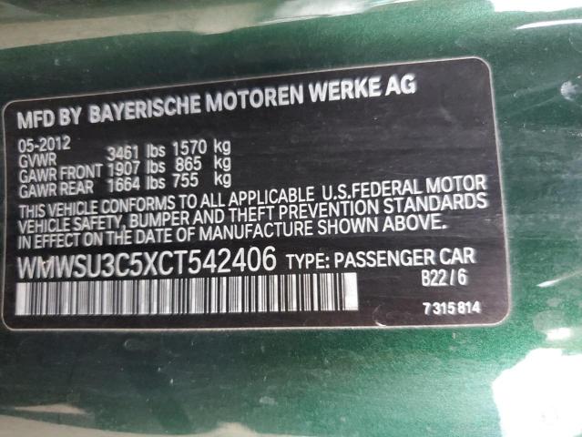 WMWSU3C5XCT542406 - 2012 MINI COOPER GREEN photo 12