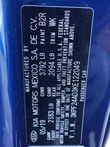 3KPF24AD3KE122049 - 2019 KIA FORTE FE BLUE photo 12