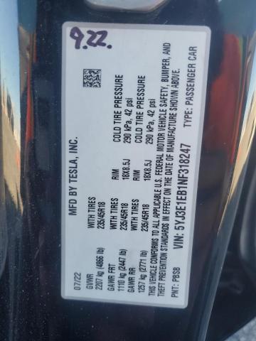 5YJ3E1EB1NF318247 - 2022 TESLA MODEL 3 Черный фото 12