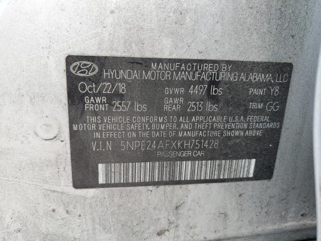 5NPE24AFXKH751428 - 2019 HYUNDAI SONATA SE SILVER photo 12