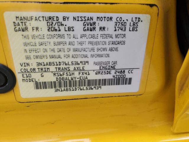 3N1AB51D76L536939 - 2006 NISSAN SENTRA SE-R SPEC V YELLOW photo 12