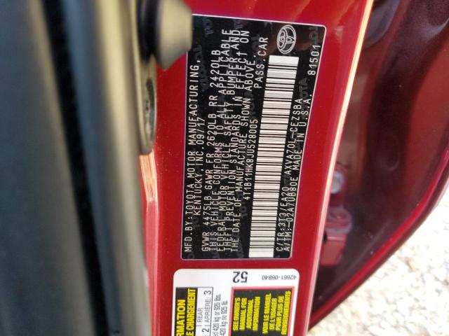 4T1B11HK8JU528005 - 2018 TOYOTA CAMRY L MAROON photo 12
