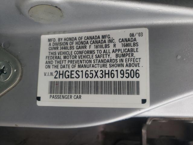 2HGES165X3H619506 - 2003 HONDA CIVIC LX SILVER photo 12