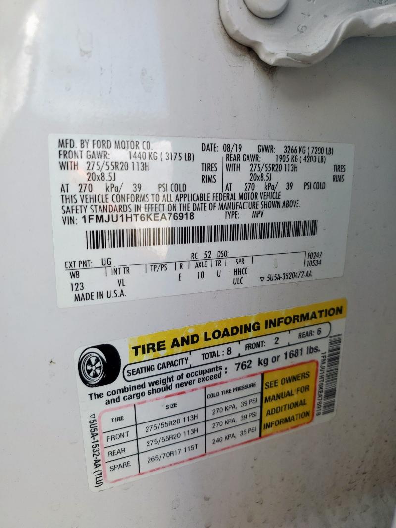 1FMJU1HT6KEA76918 - 2019 FORD EXPEDITION XLT Blanc photo 13