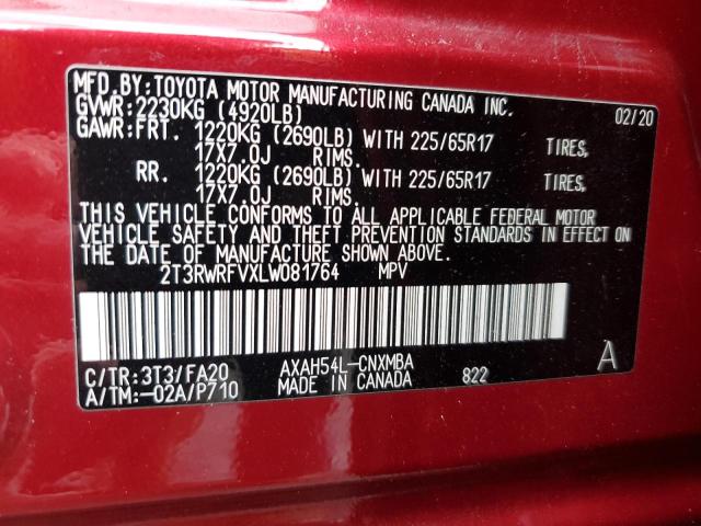 2T3RWRFVXLW081764 - 2020 TOYOTA RAV4 XLE RED photo 12