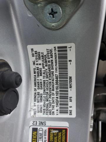 1HGFA16516L066467 - 2006 HONDA CIVIC LX SILVER photo 12