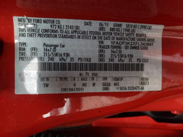 1FADP3K2XFL343697 - 2015 FORD FOCUS SE RED photo 12