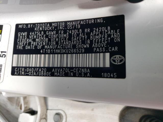 4T1B11HK0KU266529 - 2019 TOYOTA CAMRY L WHITE photo 12