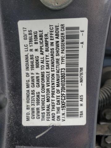 19XFC2F70HE038073 - 2017 HONDA CIVIC EX GRAY photo 12