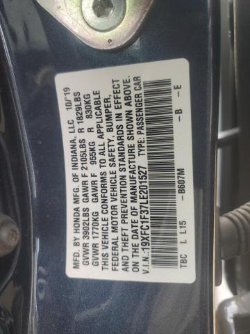 19XFC1F37LE201527 - 2020 HONDA CIVIC EX BLUE photo 12