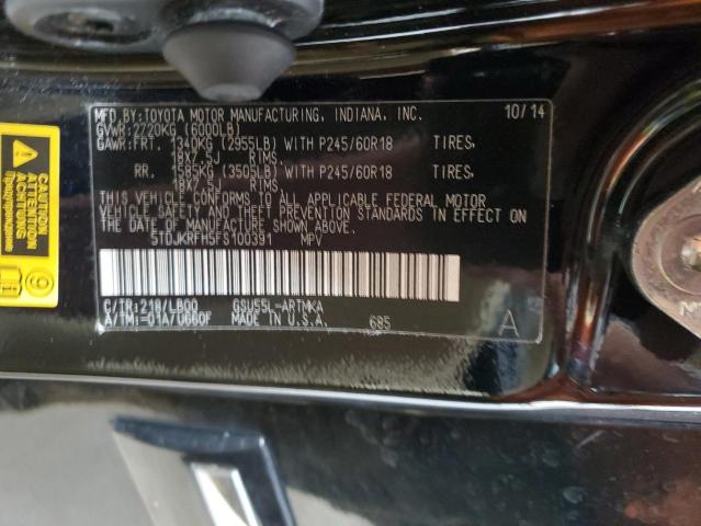 5TDJKRFH5FS100391 - 2015 TOYOTA HIGHLANDER XLE შავი ფოტო 14